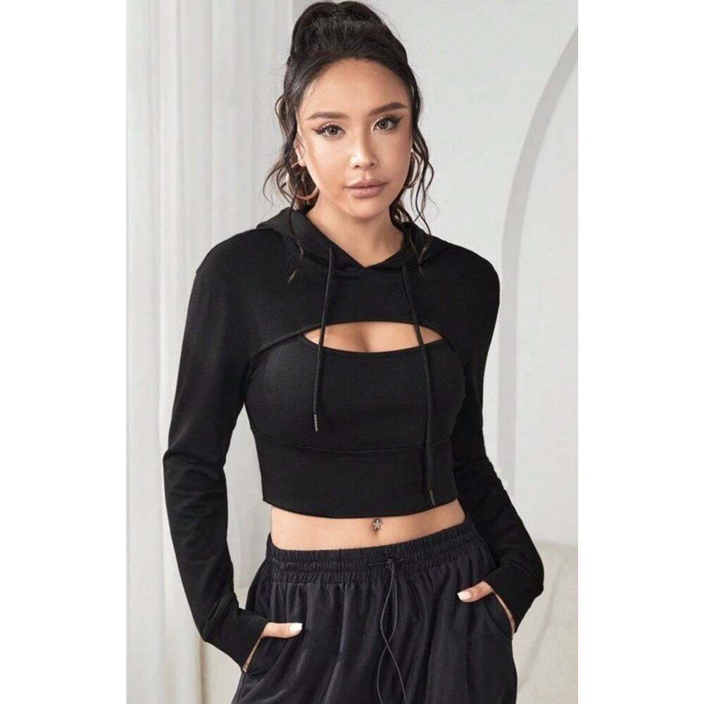 Cut Out Front Crop Drawstring Hoodie Zoe Hoodie medium